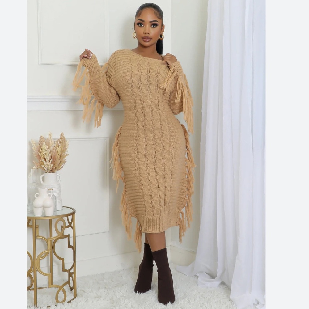 Fancy Dream Sweater Dress Crochet Women Midi Long Sleeves Brown Fall Winter